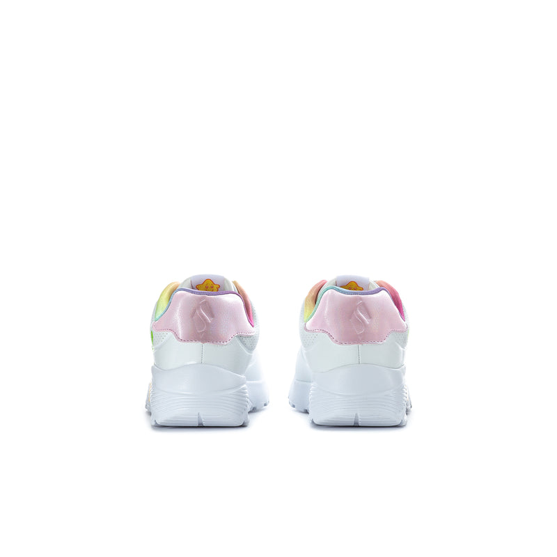 Kids' Uno Lite sneakers back view, white with pink heel panels and multicolor lining