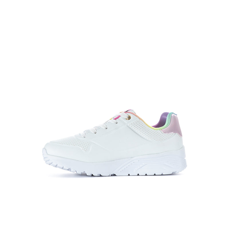 Kids' Uno Lite sneaker, white with purple and pink side accents and rainbow collar
