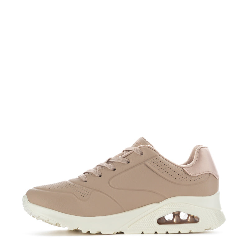 Women’s taupe lace-up sneaker with perforated panels and white midsole
