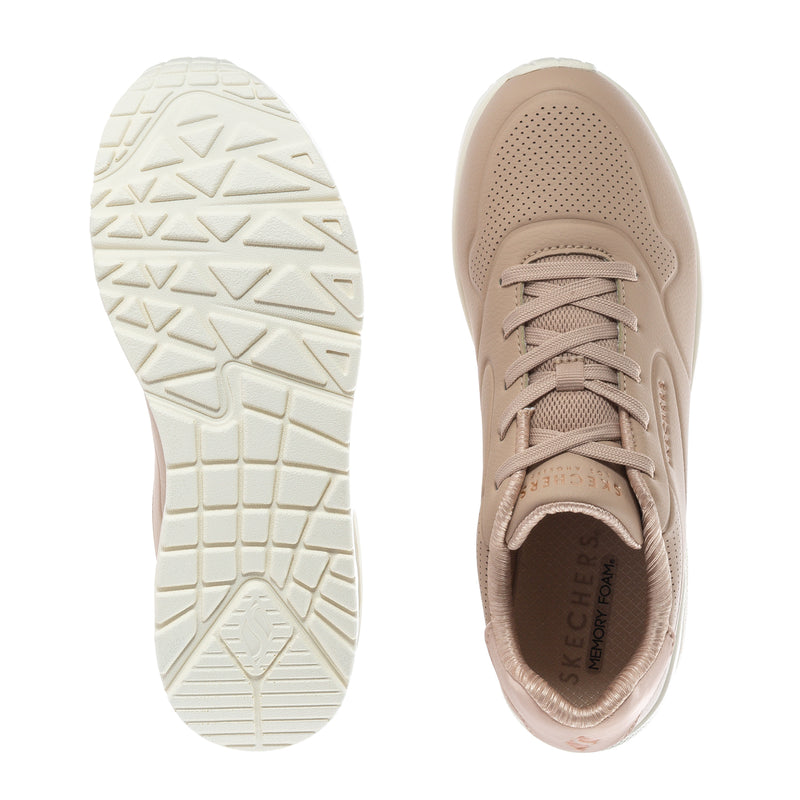 Taupe lace-up sneaker sole and top view with textured outsole and insole