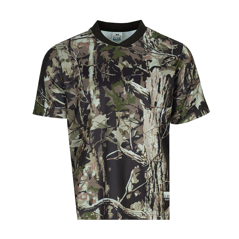 Men's camo V-neck jersey, short sleeves, dark collar and crew hem