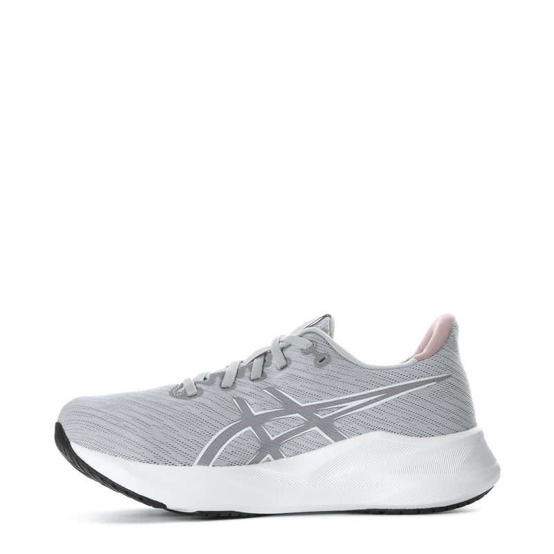 Women's lace-up running shoes, light gray upper with white midsole and black outsole