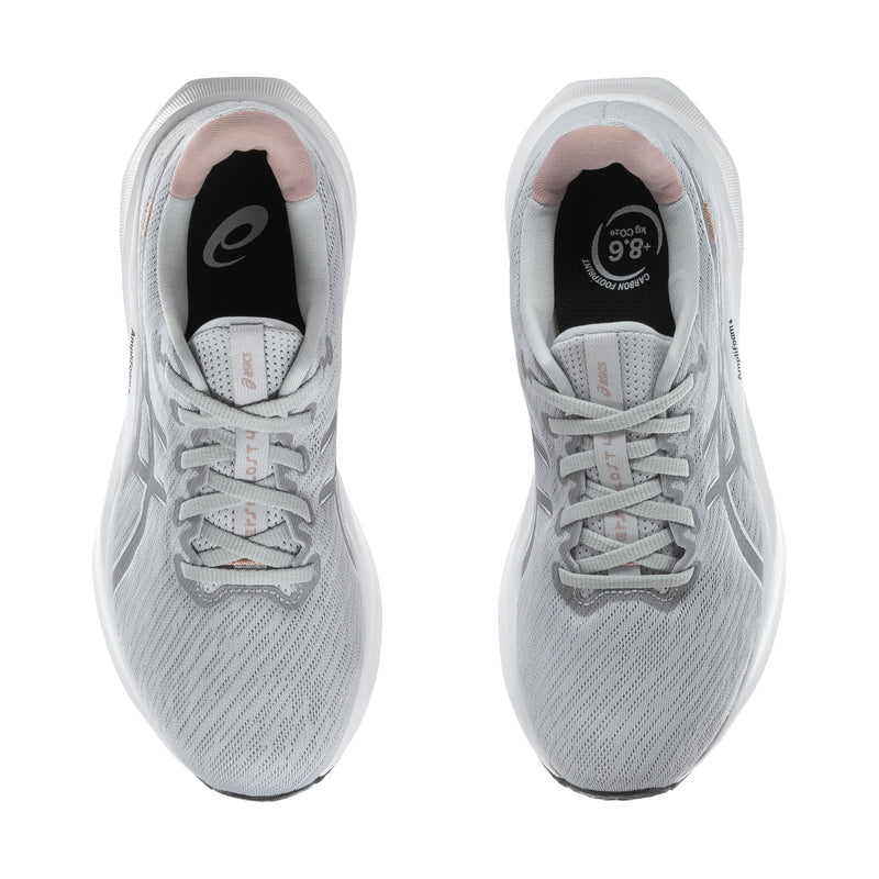 Women's lace-up running shoes, light gray knit upper with gray laces and cushioned tongue