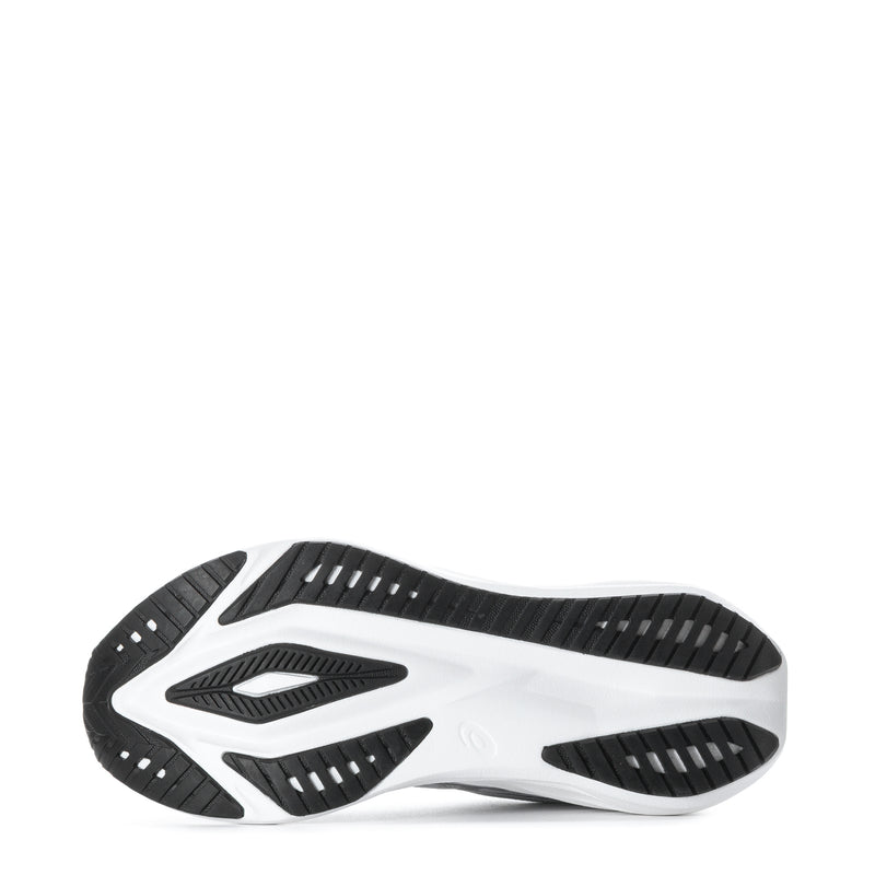 Women's running shoe outsole, black rubber tread on white platform midsole
