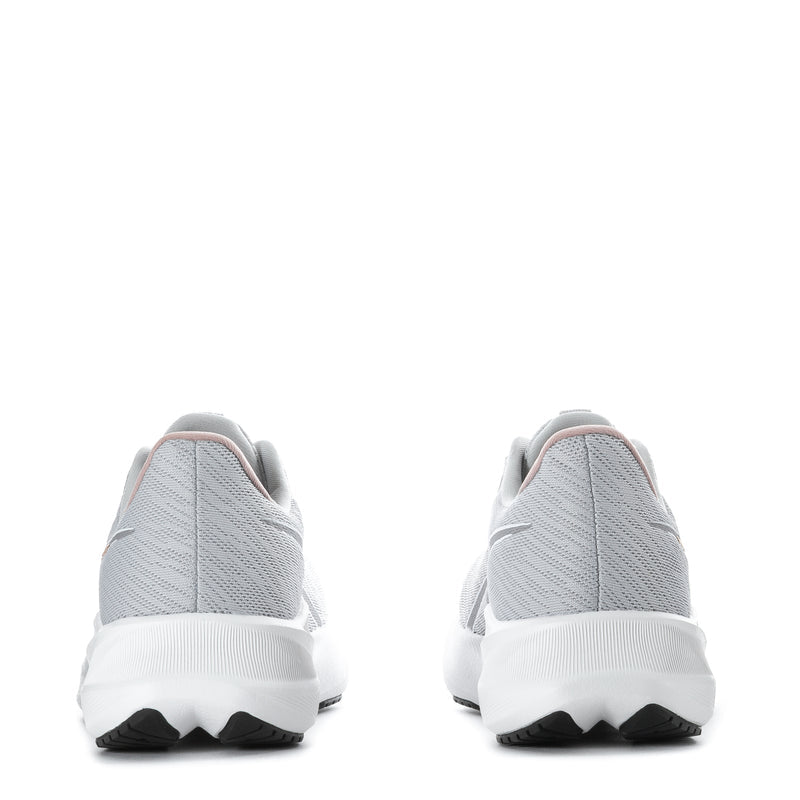 Women's running shoes heel view, light gray upper with white cushioning and black rubber