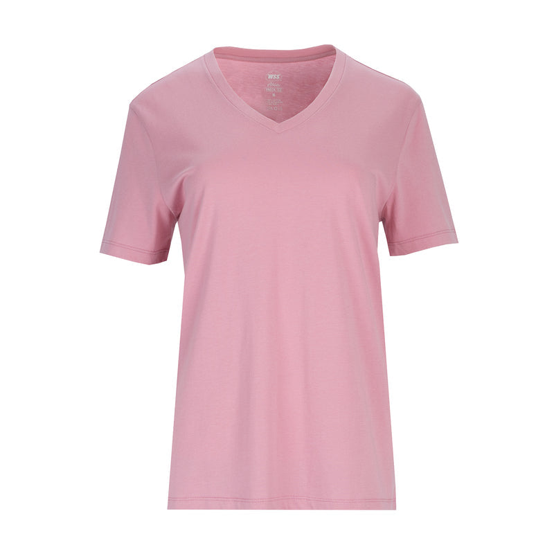 Women's rose pink V-neck short-sleeve tee shirt, solid knit