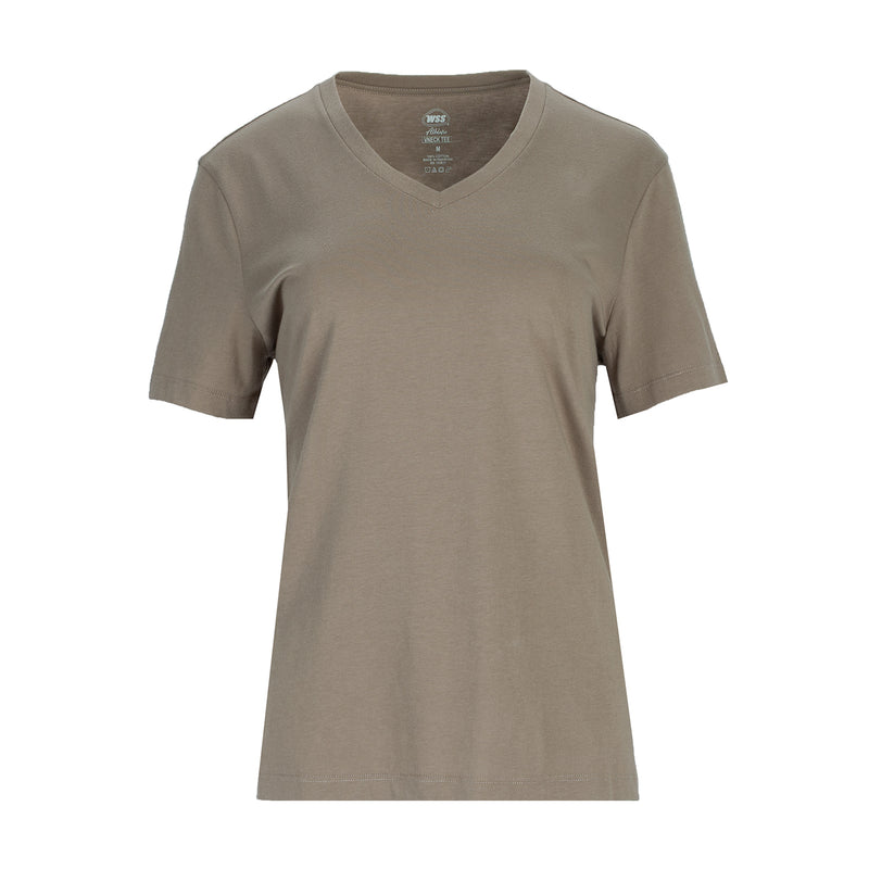 Women's taupe grey V-neck t-shirt, short sleeves and straight hem