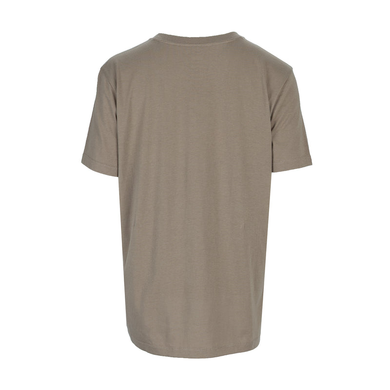 Women's taupe grey V-neck t-shirt, back view with short sleeves