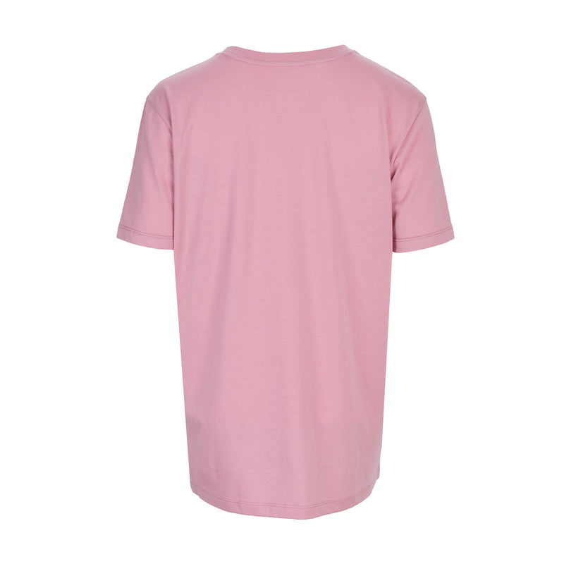 Women's rose pink V-neck tee shirt, short sleeves, back view