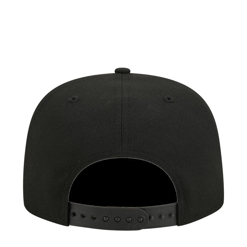 Black snapback cap with adjustable back strap and ventilation holes