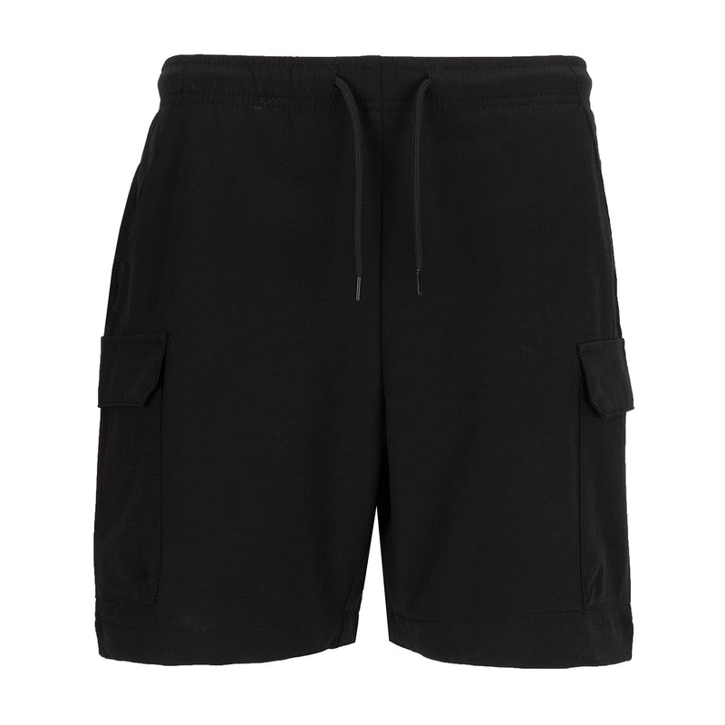 Youth black woven cargo shorts, elastic waist with drawstring and side cargo pockets