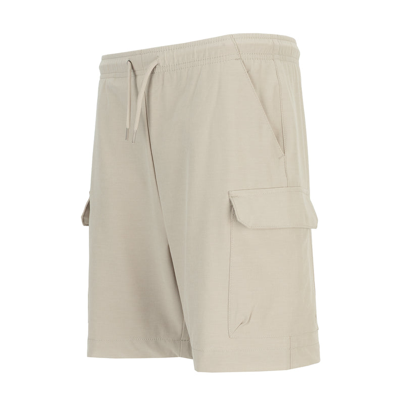 Youth cargo shorts, back view, with elastic waist, drawstring, and side cargo pockets