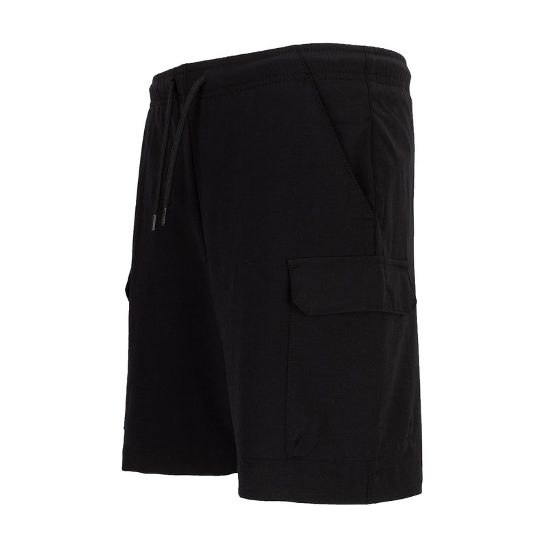 Youth black cargo shorts, drawstring waistband and large side cargo pocket