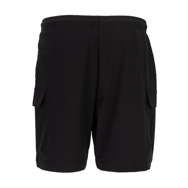 Youth black woven cargo shorts back view with flap cargo pockets and elastic waist