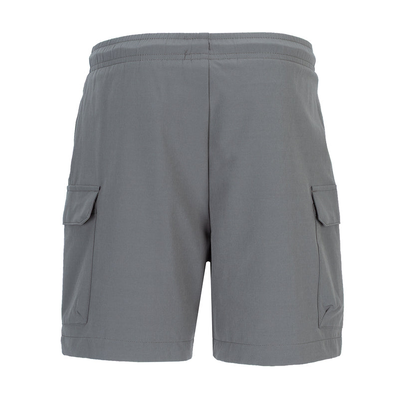 Youth woven cargo shorts back view in grey, cargo pockets on both sides